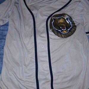 Men's Beige Button-Up Jersey with Tiger Emblem